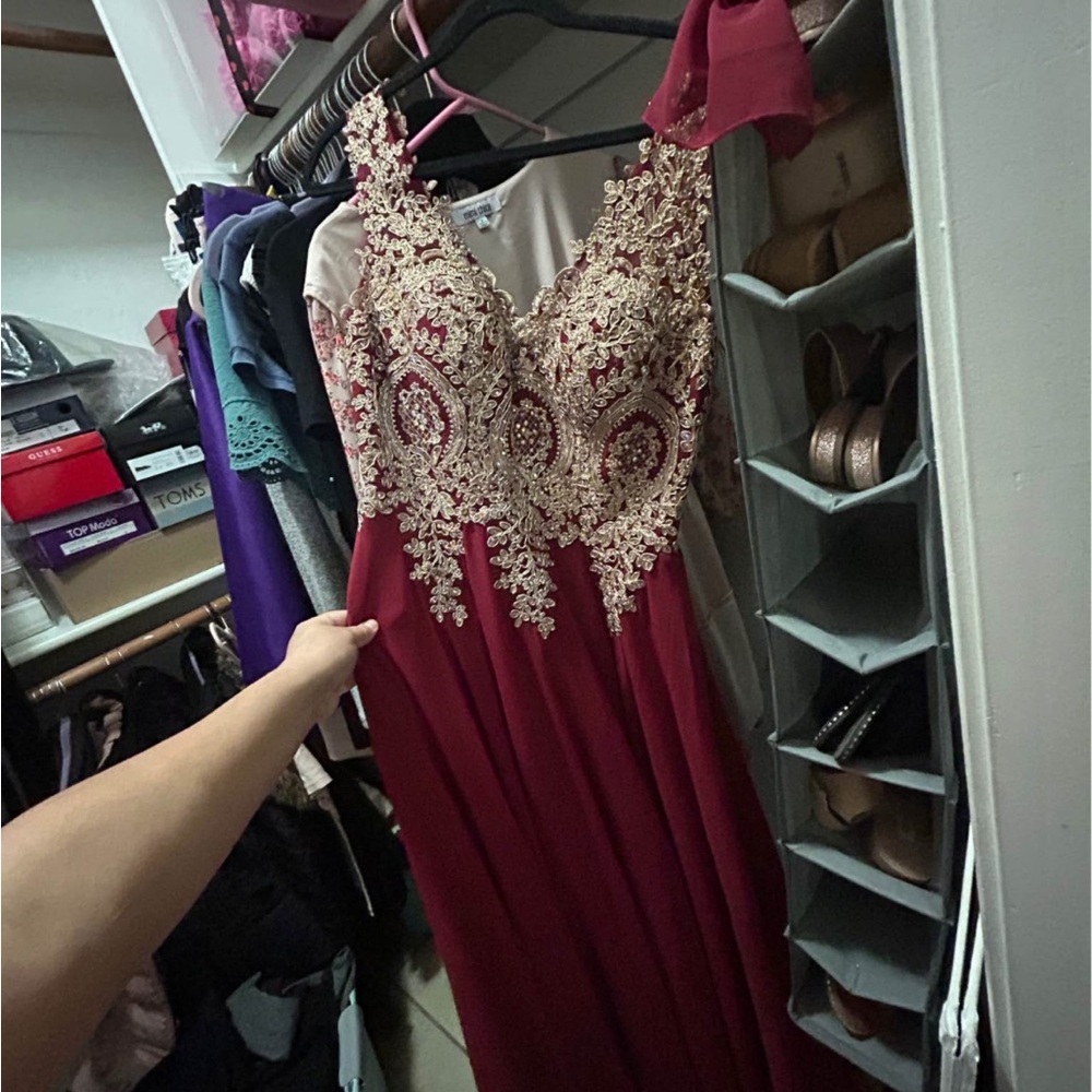 Elegant Burgundy and Gold Embellished Evening Gown